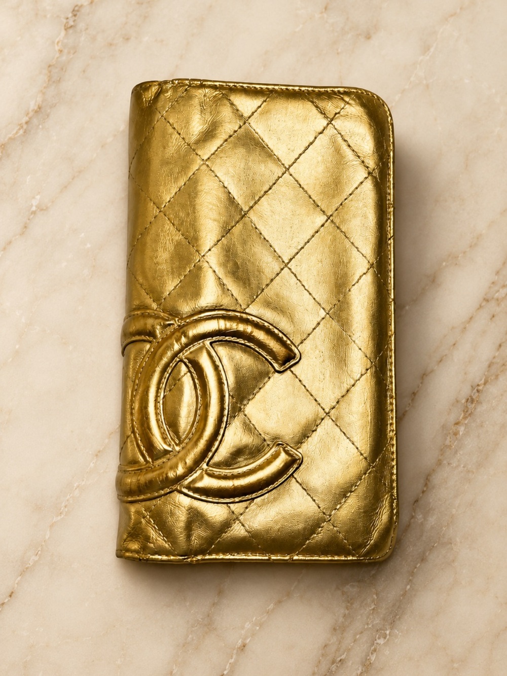 Vintage Chanel Cambon  Bi-Fold Leather Long Wallet  lWith Card Painted Gold